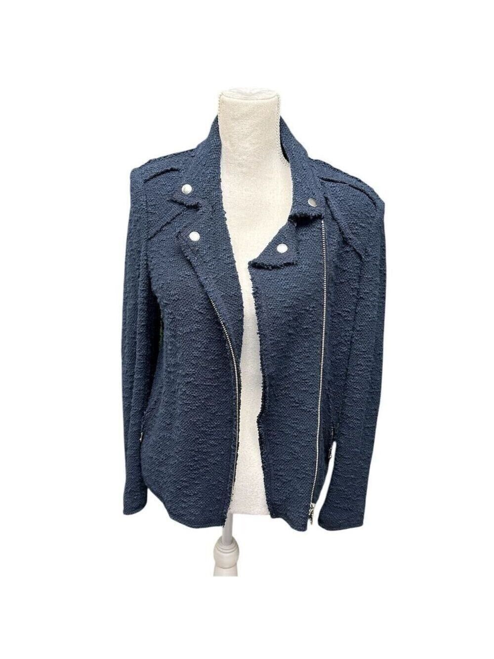 Rebecca Taylor Women's Blue Textured Moto Jacket Fringe Accents Size 12